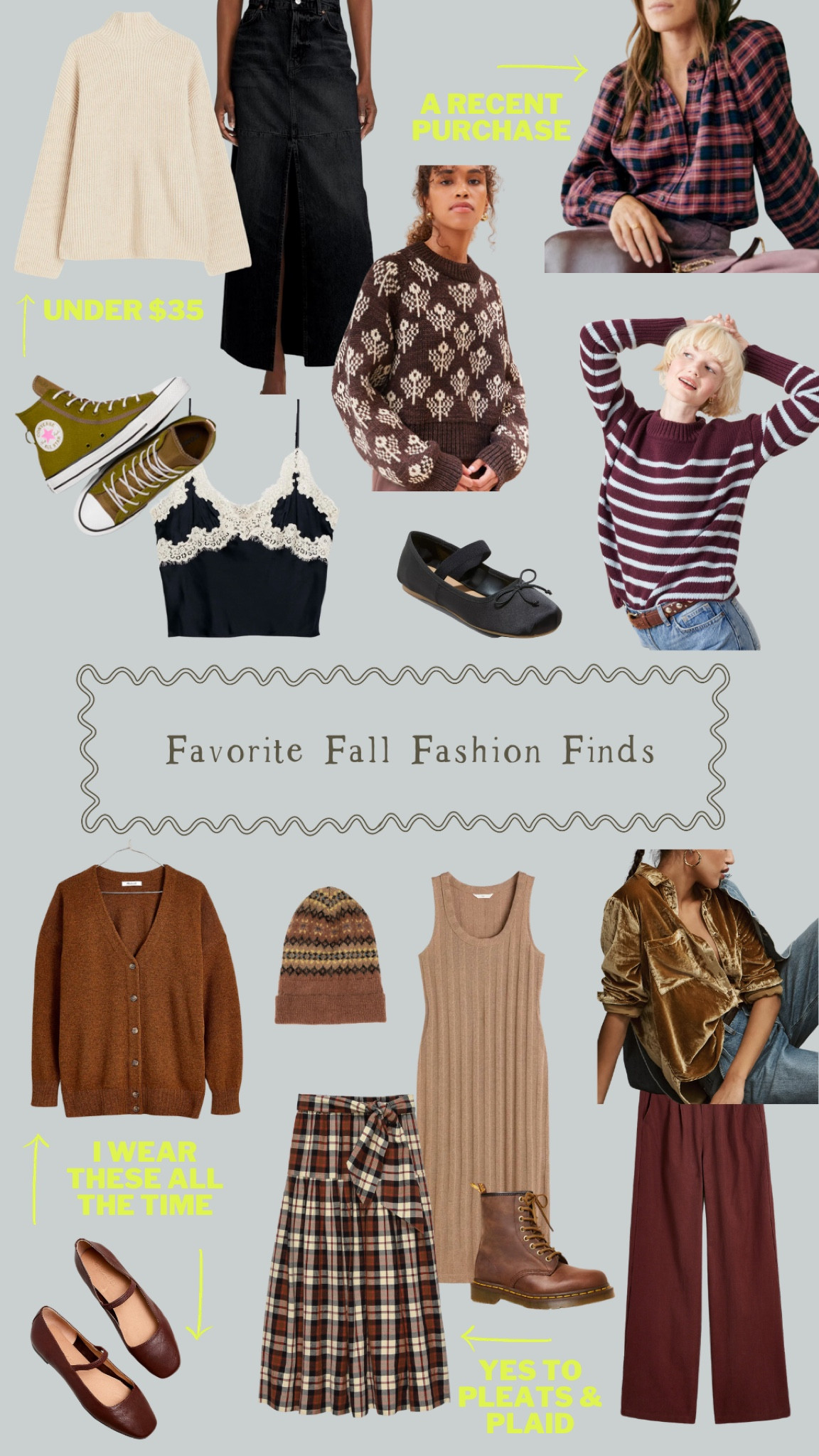 Favorite Fall fashion finds from Sézane, Madewell, H&M, Amazon, Loeffler Randall, Converse, La Ligne, Anthropologie, DOEN, Target, The Great, Doc Martens

Fall outfits, Family Pictures, Fall shoes, Fall dresses, knit dress, knit beanie; velvet shirt, wide leg pants, brown cardigan,, leather Mary Jane flats, plaid pleated skirt; leather booths, ballet flats, striped sweater, denim maxi skirt; chuck taylors 

#LTKSeasonal #LTKstyletip #LTKfindsunder100