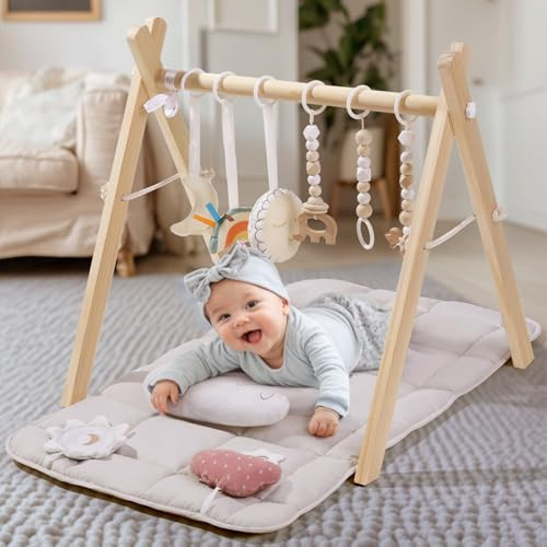 Wooden Play Gym with Beige Mat, Foldable Baby Play Gym, Infant Activity Mat with 6 Hanging Toys, Natural Pine Wood Frame Activity Center, Easy to Assemble & Clean, Newborn Present for Boys & Girls | Amazon (US)