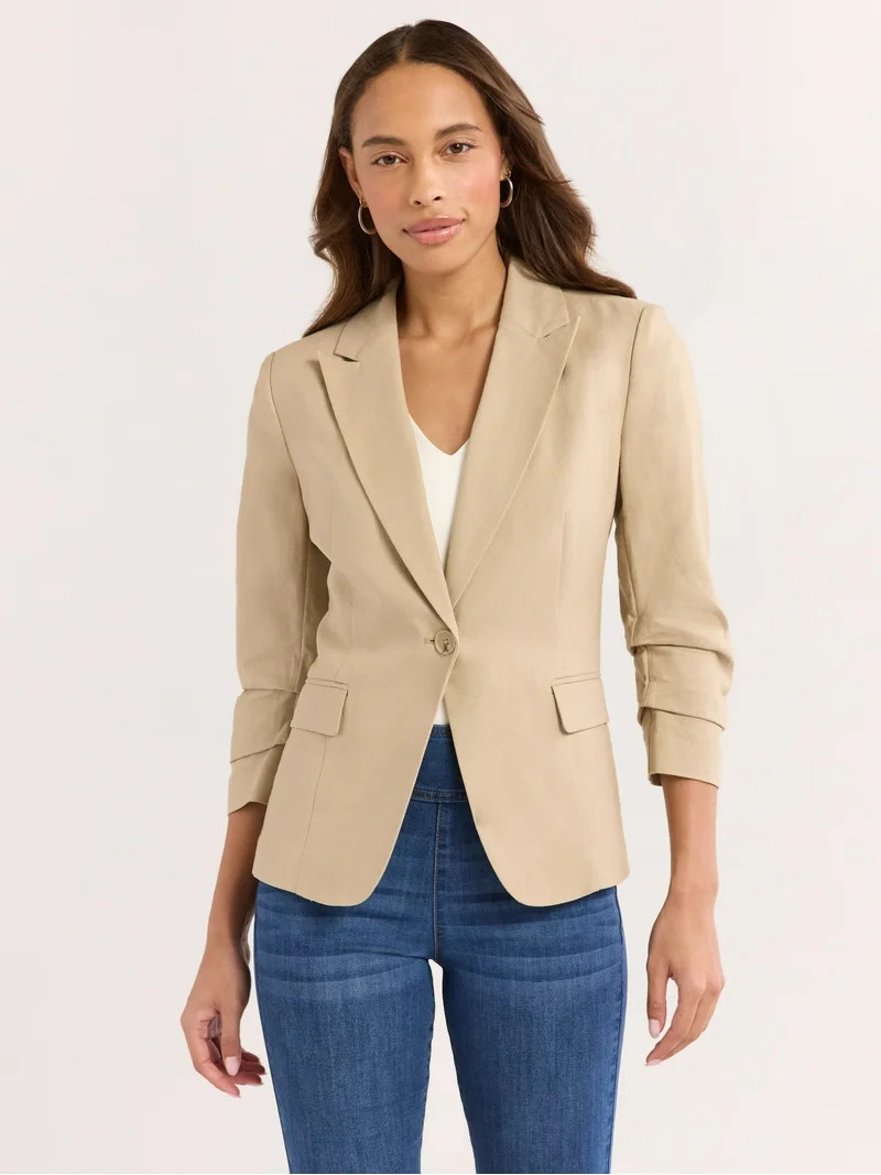 Sofia Jeans Women's Linen Blend Blazer with Scrunch Sleeves, Sizes XS-4X | Walmart (US)