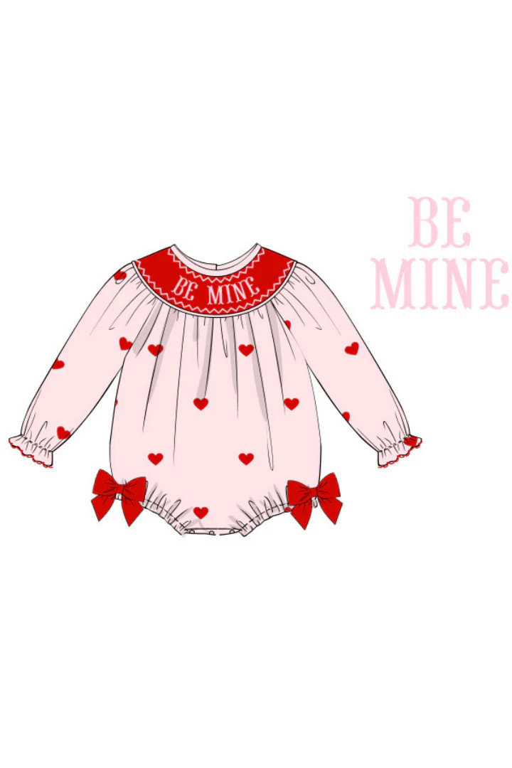 Pre-Order Smocked Be Mine Embroidered Heart Pink Bow Bubble | The Smocked Flamingo