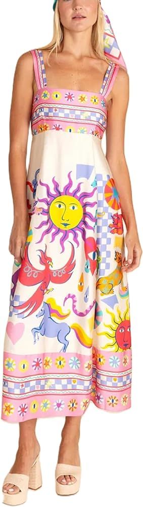Women Cute Print Maxi Cami Dress Loose Sleeveless Spaghetti Strap Boho Dress Flowy Graffiti Long ... | Amazon (US)