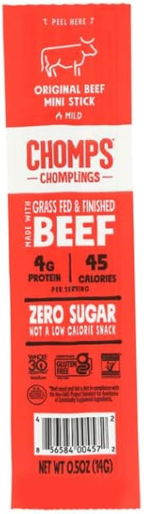 CHOMPS Chomplings Snack Size Grass-Fed and Finished Original Beef Mini Snack Sticks 0.5oz 4g Prot... | Amazon (US)
