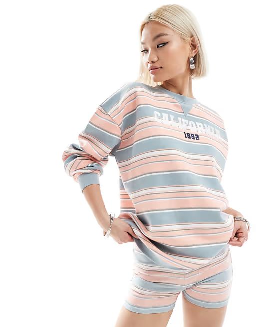 Daisy Street relaxed sweatshirt with California embroidery co-ord in pink blue stripe | ASOS (Global)