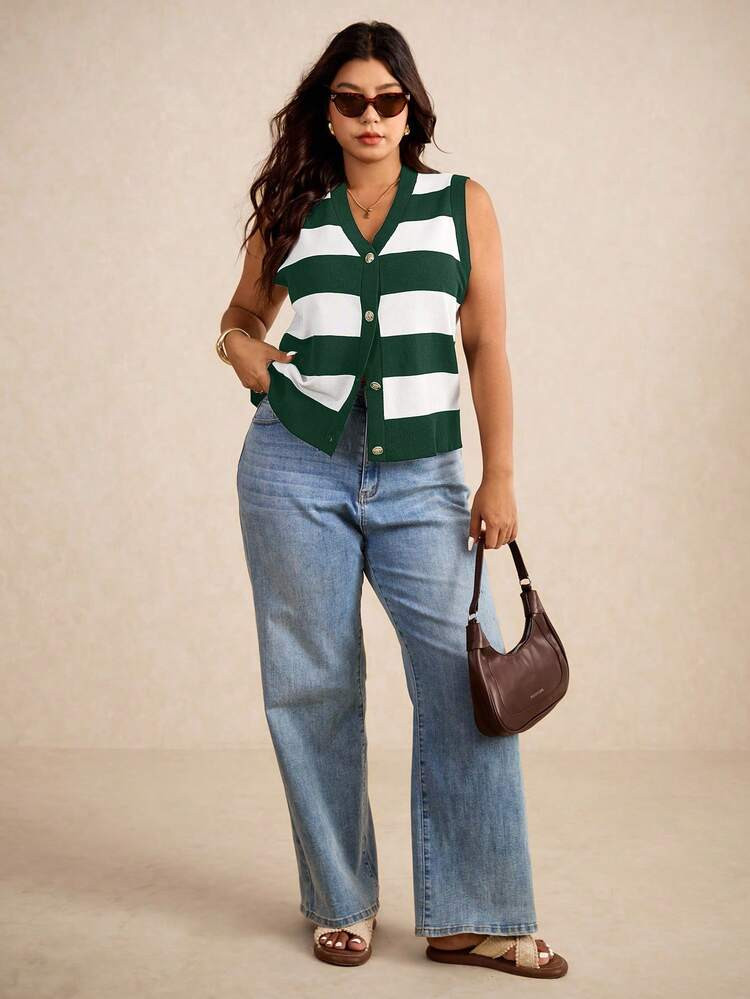 Elaquor Plus Size Striped Print V-Neck Front Button Fashionable Sweater Vest,Fall Clothes For Women Autumn | SHEIN