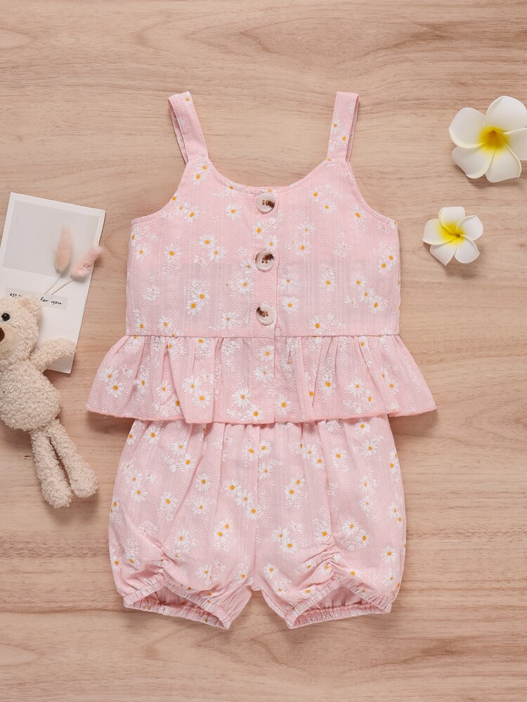 Toddler Girls Floral Print Ruffle Hem Cami Top & Ruched Shorts | SHEIN