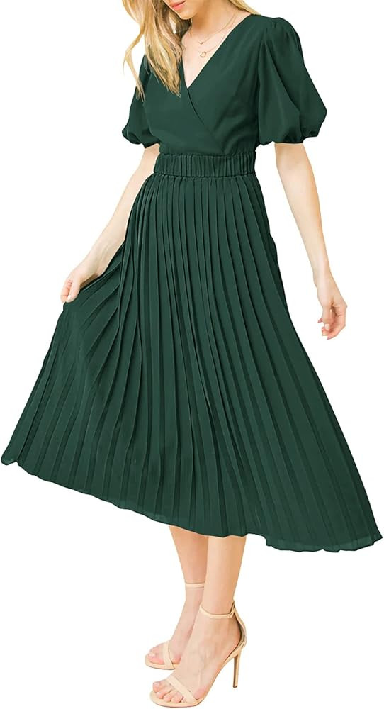 BTFBM Women Casual Dresses 2023 Summer Boho Wrap V Neck Puff Short Sleeve Beach Party Flowy Pleat... | Amazon (US)