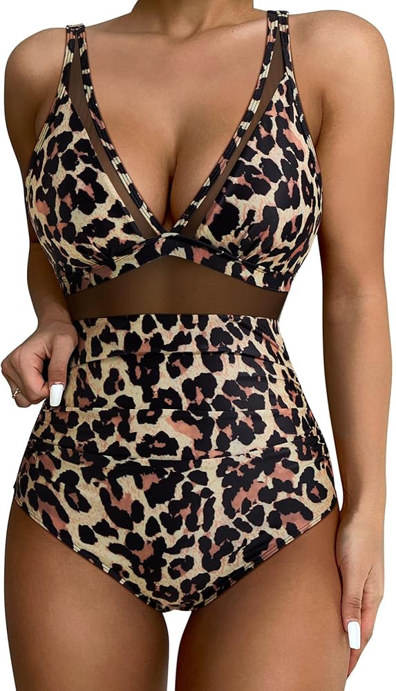 SUUKSESS Women Sexy Mesh Tummy Control Swimsuit Push Up High Waisted Bathing Suit | Amazon (US)