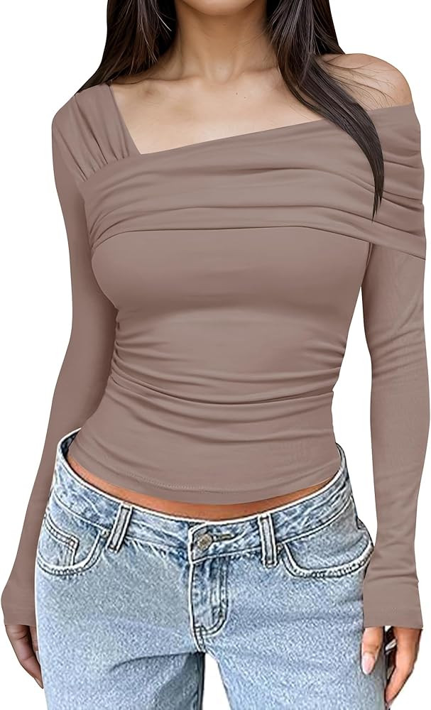 Rapbin Womens One Off Shoulder Long Sleeve Tops Ruched Y2K Slim Fit Shirts Going Out Top | Amazon (US)