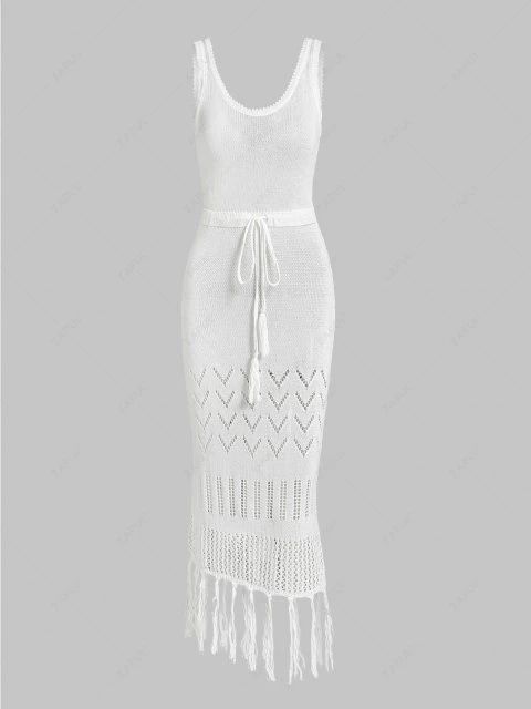 Crochet Knit Openwork Drawstring Tassels Beach Midi Dress | ZAFUL (Global)