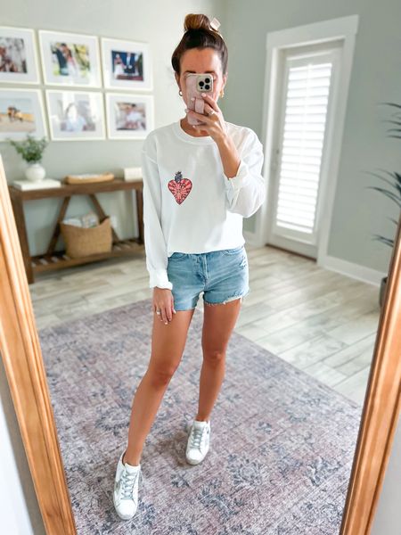 Target denim shorts. Target shorts. Casual outfit. Sassy Queen sweatshirt (code LISAMARIE, small). Mom outfit. Golden goose super star sneakers. Amazon claw clips. 

#LTKFind #LTKunder50 #LTKshoecrush
