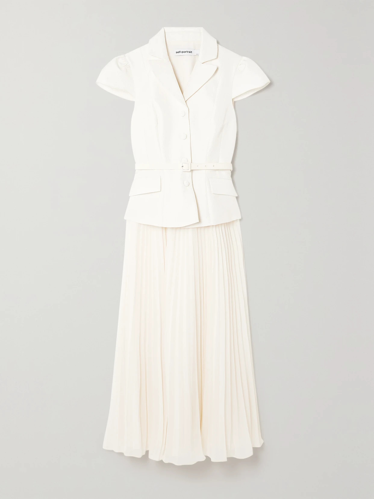 Self-Portrait - Belted Cloqué And Pleated Chiffon Midi Dress - White | NET-A-PORTER (UK & EU)