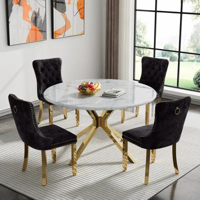 Round Dining Table Set for 4, White Marble Dining Table & Velvet Dining Chairs with Stainless Steel Pedestal, 46.85" Dining Room Table and Chairs Set, | Wayfair North America