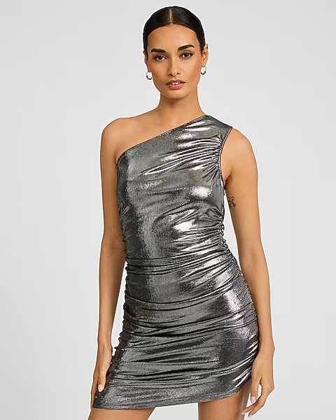 Metallic One Shoulder Ruched Mini Dress | Express