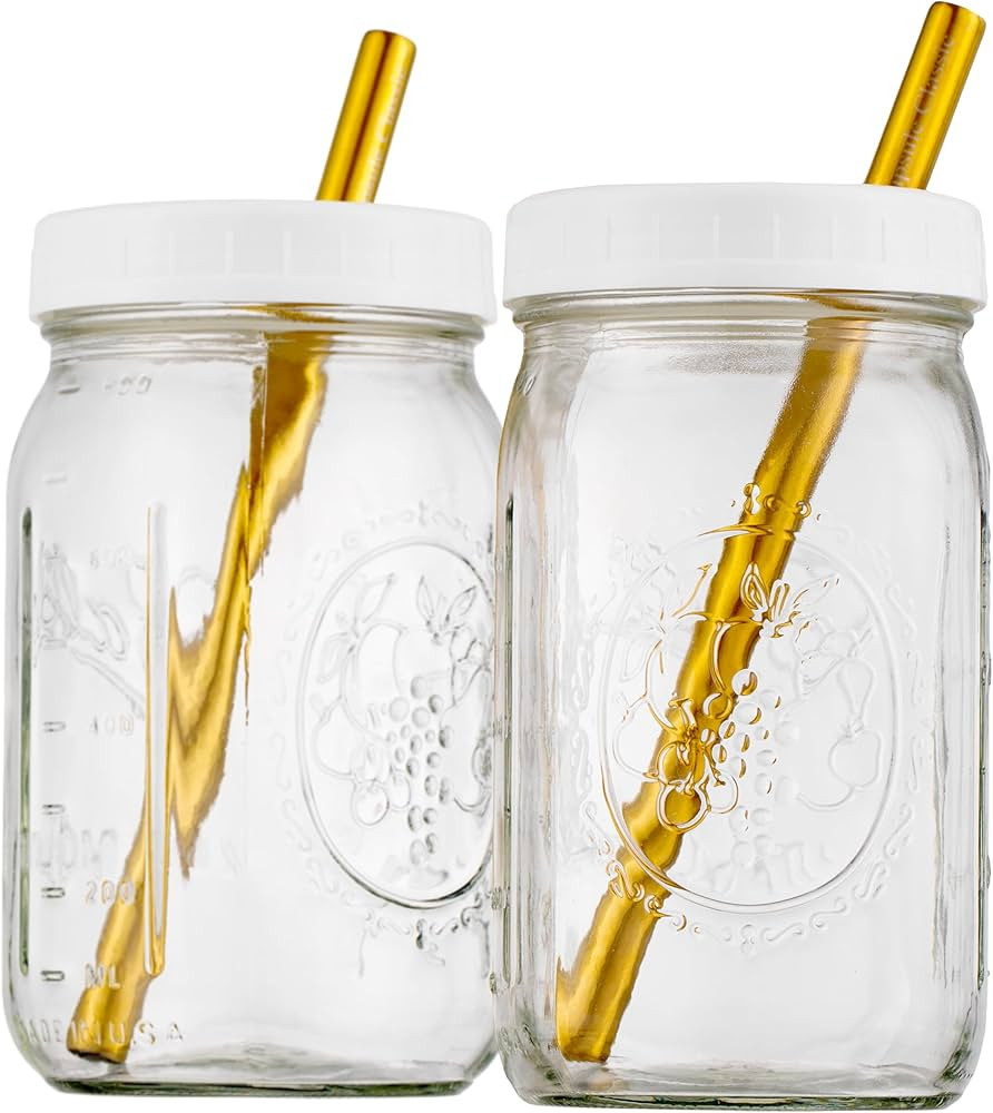 Reusable Wide Mouth Smoothie Boba Tea Cups Bubble Tea Cups with Lids and Gold Straws Mason Jars G... | Amazon (US)