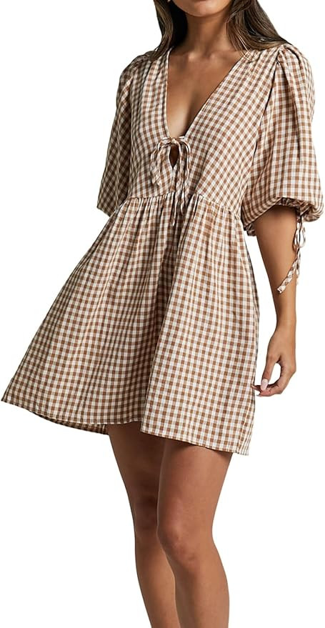 Kuraki Women's Classy Mini Plaid Puff Sleeve Checkered Dress | Amazon (US)