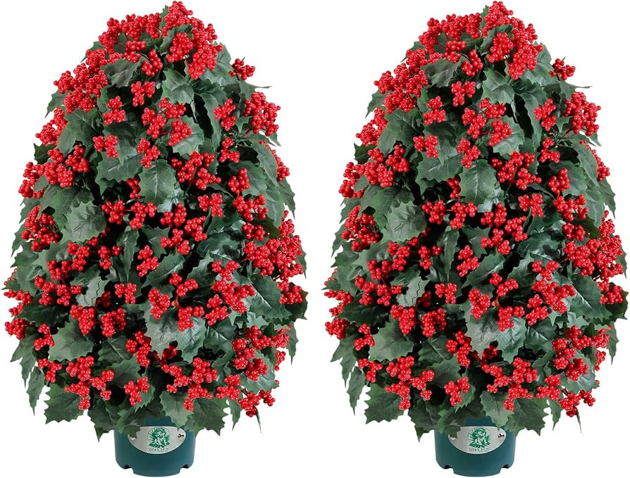 28" Artificial Christmas Berry Plant in Pot, Faux Red Holly Berry Arrangement for Holiday Decor, Rustic Farmhouse Winter Decoration for Front Porch Entryway Indoor Outdoor Use (Red) | Amazon (US)