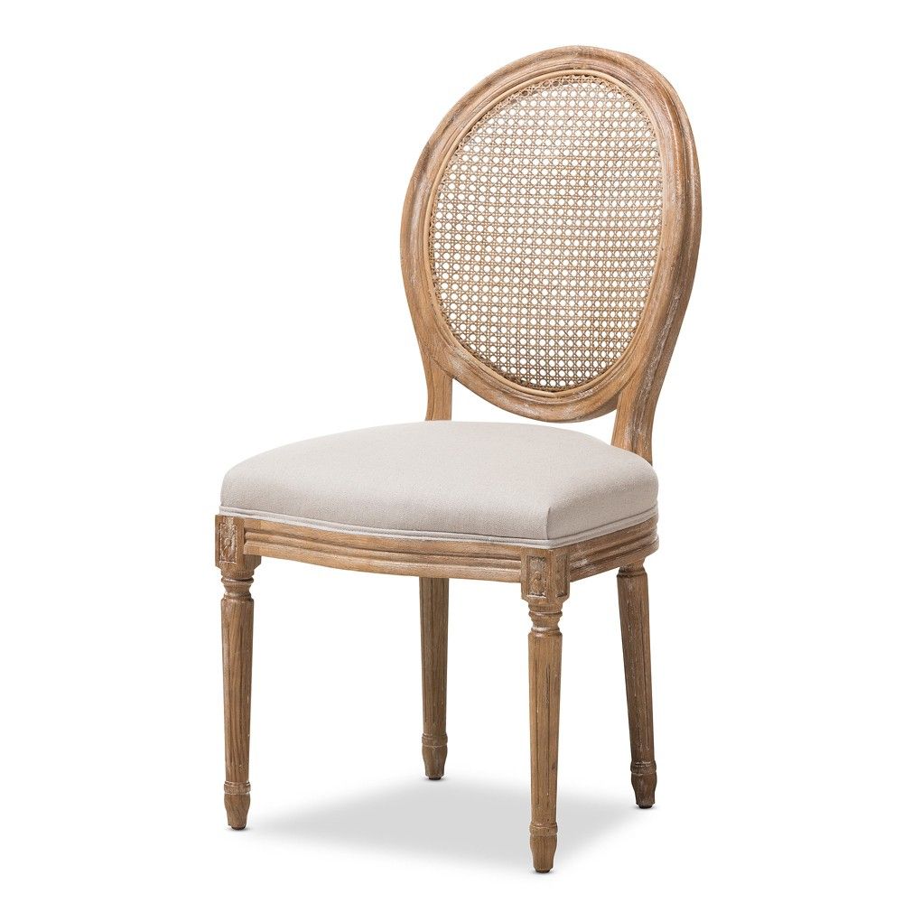 Adelia French Vintage Cottage Weathered Oak Wood Finish and Fabric Upholstered Dining Side Chair with Round Cane Back - Beige - Baxton Studio, Adult | Target