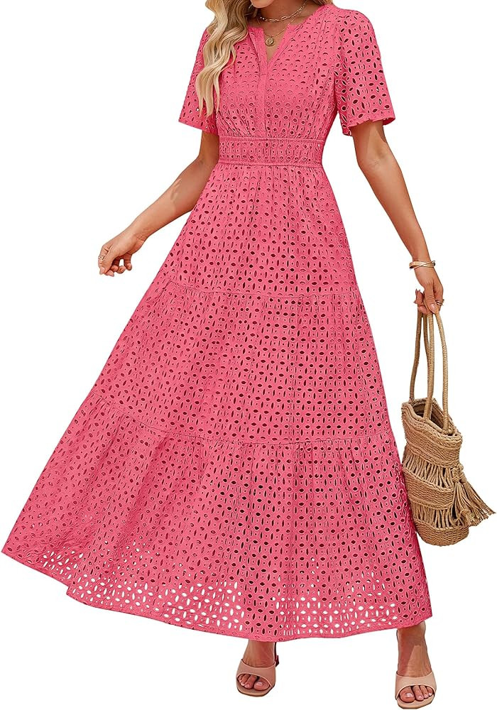 ZESICA Women's 2026 Summer Short Sleeve Maxi Dress Casual V Neck Hollow Out Eyelet Ruffle Swing A... | Amazon (US)