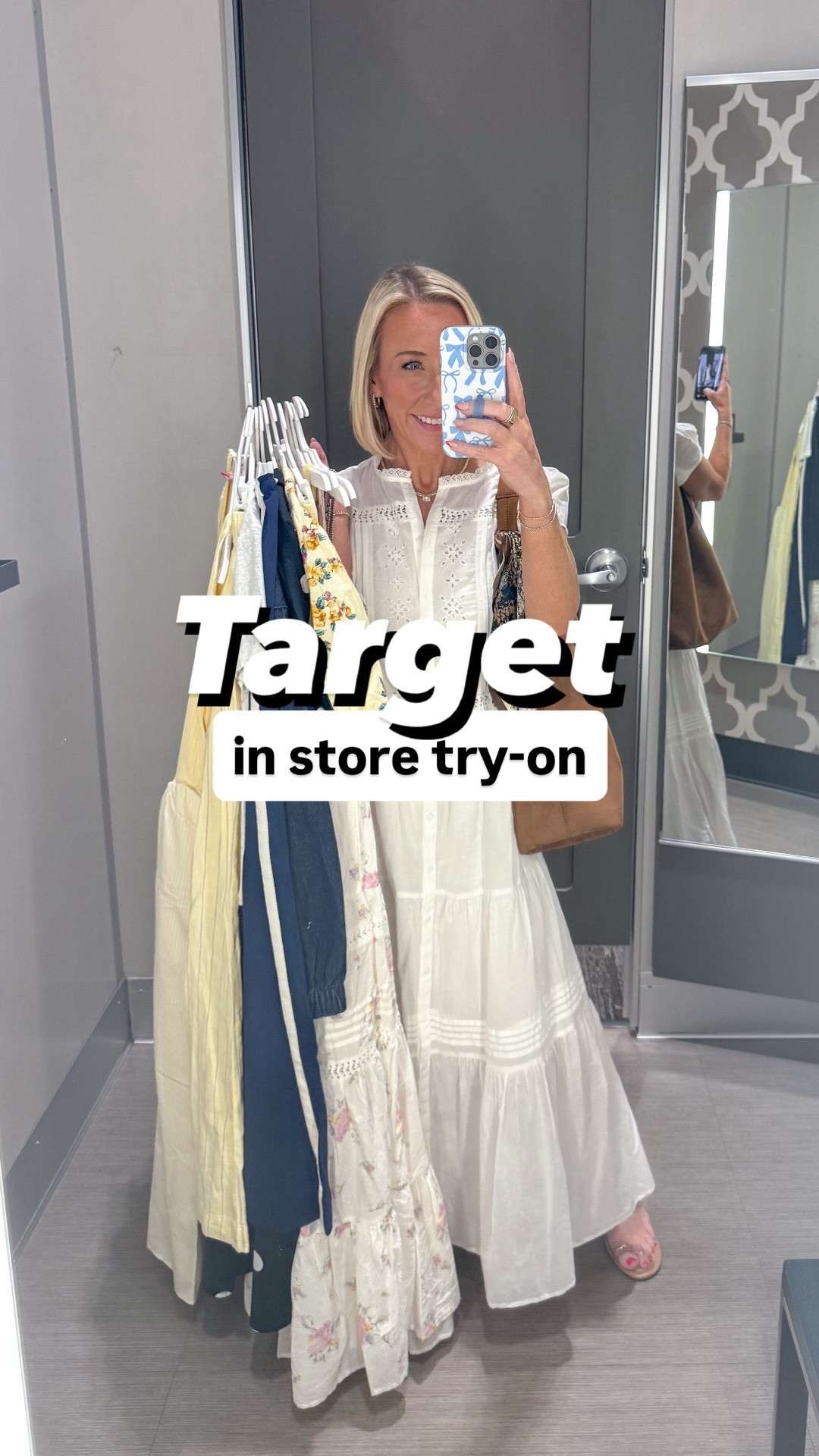 Target - in store try-on
* Short Sleeve Lace Maxi Sundress - size XS. Currently 20% off - now $36.
1. Floral Lace Maxi A-Line Dress - size XS. Currently 20% off - now $36.
2. Striped Crewneck Cotton Cardigan - size XS.
3. Floral Smocked Midi Dress - size XS. Currently 20% off - now $28.
4. Yellow Puff Sleeve Mini Shirtdress - size XS. Currently 20% off - now $28.
5. Polka Dot Button-Down Shirtdress - size XS. Currently 20% off - now $28.
6. Navy Effortless Pull-On Pants - size XS (also comes in petite and tall, but this is the regular length).
7. Western Short Sleeve Graphic T-Shirt - size XS (runs oversized).
8. Dark Wash Denim Jacket - size XS (runs oversized).
9. Yellow pants not online yet…

#LTKOver40 #LTKSeasonal #LTKootd