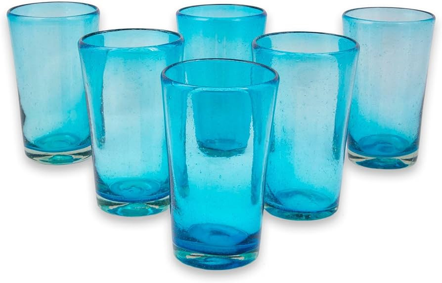 NOVICA Artisan Handblown Glass Tumblers Set of 6 Aquamarine 15 Oz Blue Mexico Tableware Drinkware... | Amazon (US)