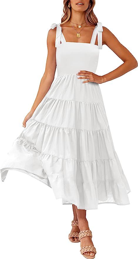 ANRABESS Women Tie Strap Sleeveless Square Neck Ruffle Dress High Waist A line Casual Boho Long D... | Amazon (US)