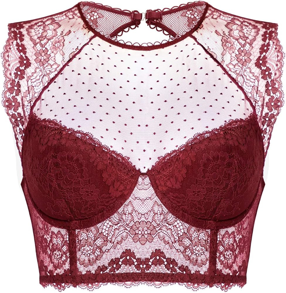 DOBREVA Women's Lace Corset Top Sexy Bralette Bustier Bra Underwire Plus Size Crop Top | Amazon (US)