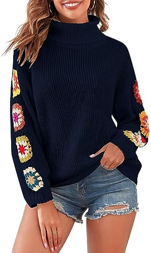 ZAFUL Flower Crochet Turtleneck Sweater for Women Pullover Puff Long Sleeve Boho Knit Sweaters Tr... | Amazon (US)