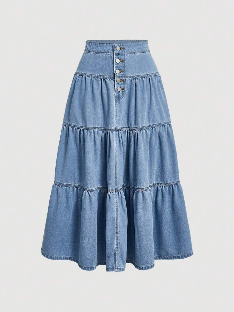 SHEIN MOD Button Fly Ruffle Hem Denim Skirt | SHEIN USA | SHEIN