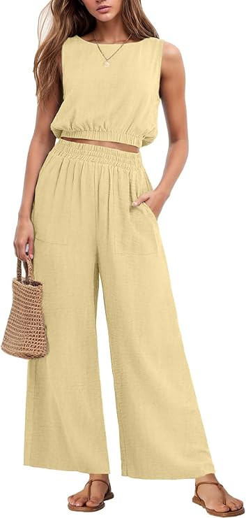 GRECERELLE Two Piece Sets for Women Sleeveless Crop Top Wide Leg Pants Sweat Set for Women Tracks... | Amazon (US)