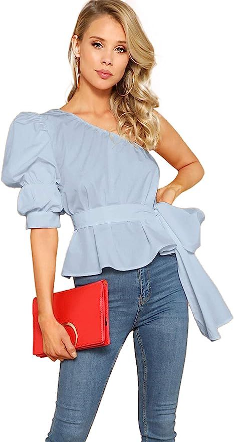 Romwe Women's One Shoulder Short Puff Sleeve Self Belted Solid Blouse Top | Amazon (US)