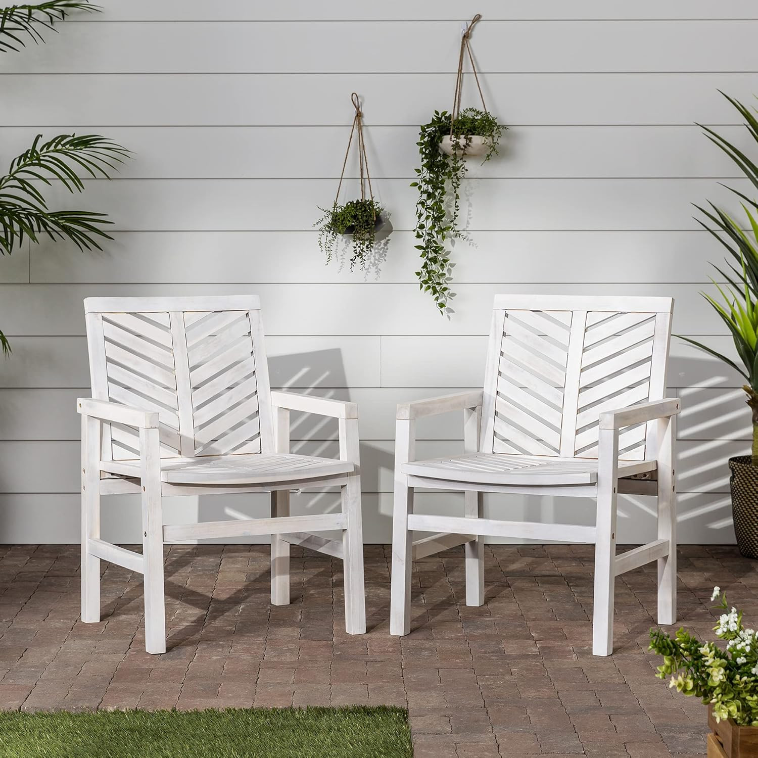 Walker Edison AZWC2VINWW Avalon Chevron Solid Acacia Wood Outdoor Chair, White Wash | Amazon (US)