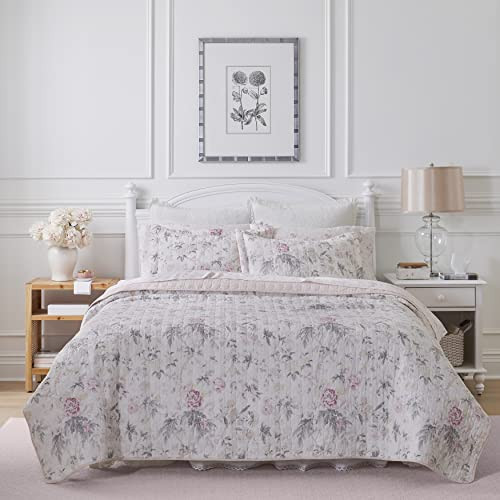 Laura Ashley - Queen Quilt Set, Reversible Cotton Bedding with Matching Shams, Lightweight Home Decor for All Seasons (Breezy Floral Pink/Grey, Queen) | Amazon (US)