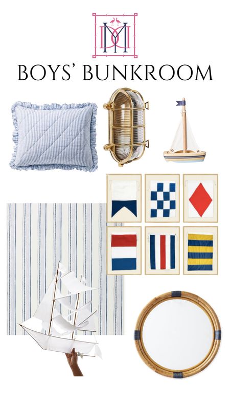 Boys bunkroom. Nautical bunk room decor blue and white stripes, Serena and lily Acadia, blue seersucker, nautical bulkhead lighting, nautical mirror 

#LTKhome
