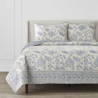 Home Decorators Collection 3-Piece Lake Blue Floral Tonal Block Print Cotton King Quilt Set PHC-1... | The Home Depot