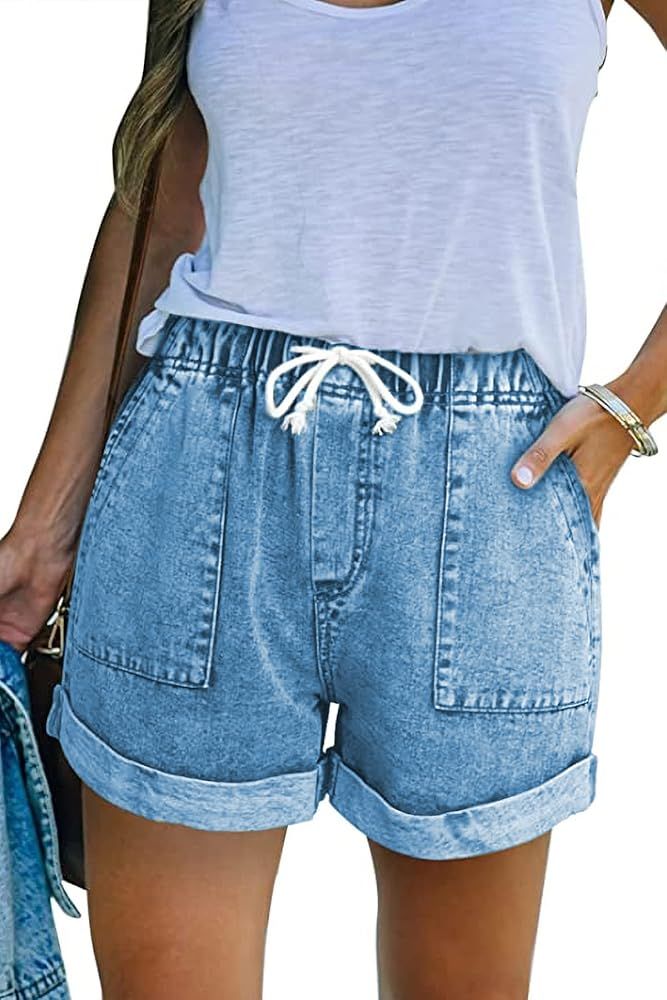 GOLDPKF Womens Jean Shorts for Denim Casual Summer Mid Waist Frayed Stretchy Ripped | Amazon (US)