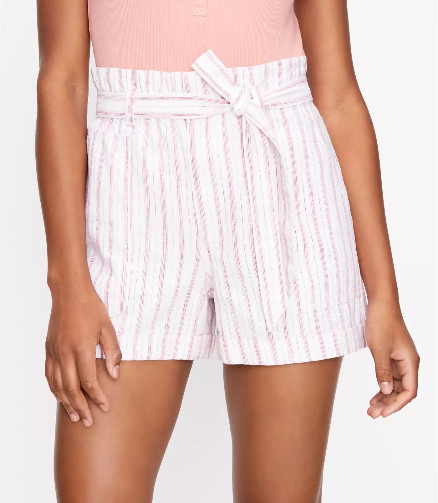 Paperbag Pull On Shorts in Striped Linen Blend | LOFT | LOFT