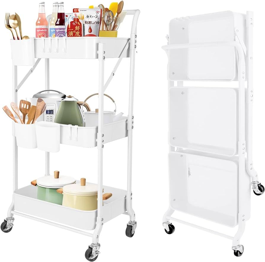 Amatic 3 Tier Foldable Metal Rolling Cart, Collapsible Rolling Storage Organizer with Wheels, Fol... | Amazon (US)