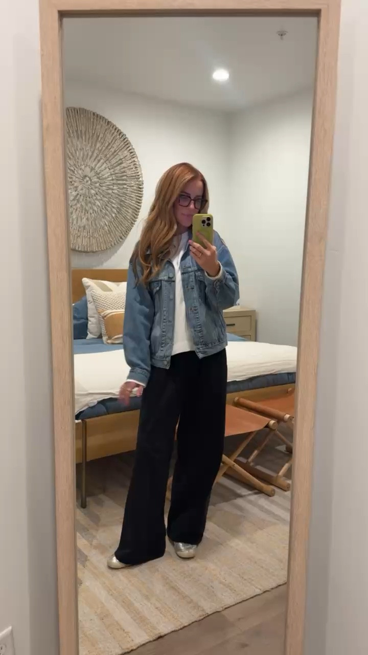 The white shirt is not quite a sweatshirt, but definitely thicker than a regular long sleeve! Love it for cold winter days. I’m in the small.

Jacket is from Levi’s! If you see me in a jean jacket, it’s this one. I size down in it.. wearing the XS.

I have these linen pants in white too and love how they fit. They are a bit roomy, so you could get away with sizing down if you wanted.

I wear these shoes constantly because Emery isn’t home to take her own shoes! haha They’re so dang comfy. I am an 8-8.5 in shoes and get the 39.5 in these.