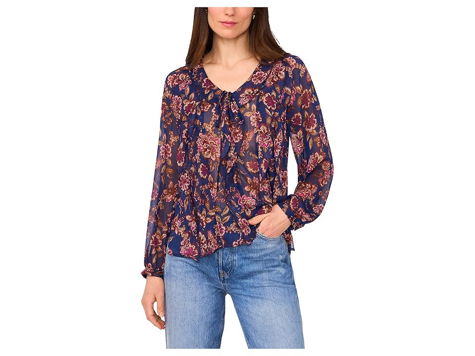 Vince Camuto Long Sleeve V-Neck with Centerfront Ruffle Women's Clothing Deep Sky : LG, Polyester | Zappos