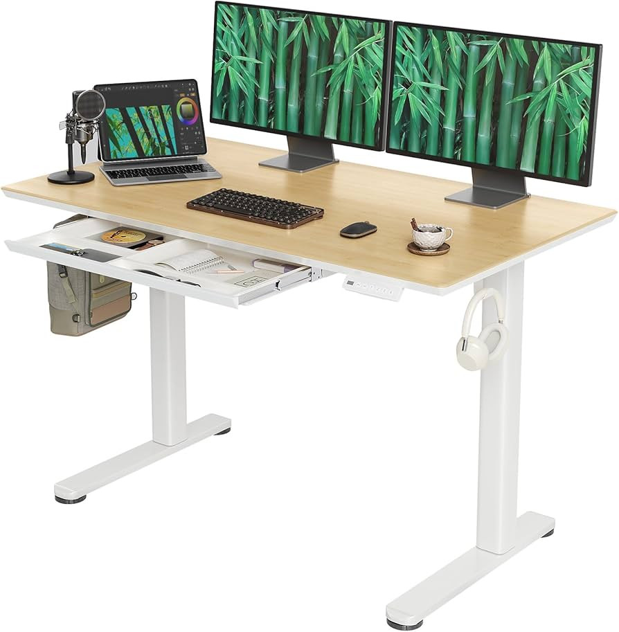 Bamboo Standing Desk with Drawers,48 Inch Adjustable Stand Up Desk,Quick Install Electric Home Of... | Amazon (US)