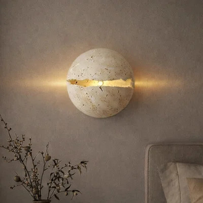 Natural Travertine Wall Sconce With Irregular Center Crack, Lunar White Wall Light Fixture For Bedroom, Living Room | Wayfair North America