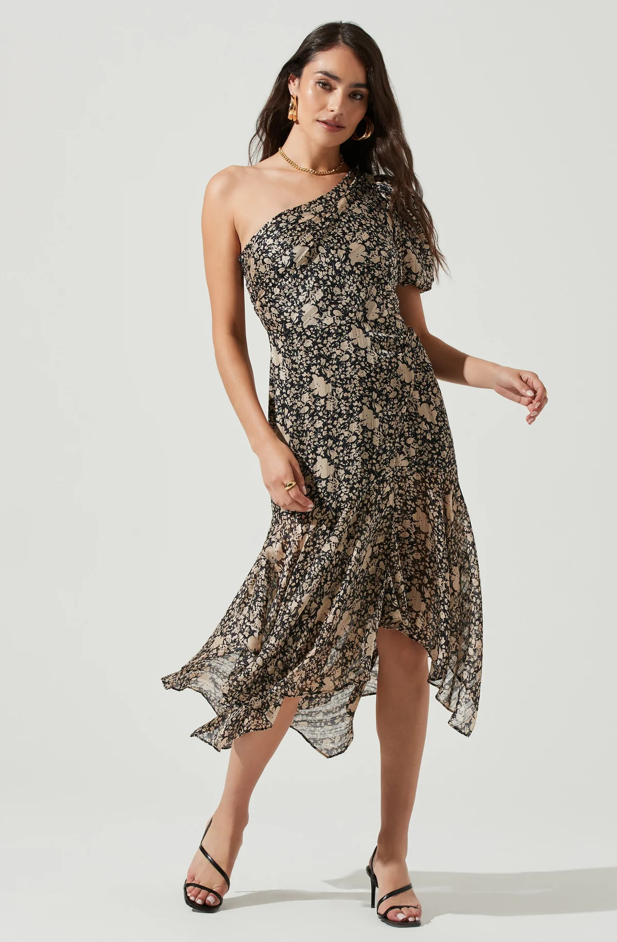 Santorini Floral One Shoulder Midi Dress - BLUE GREEN FLORAL / XS | ASTR The Label (US)