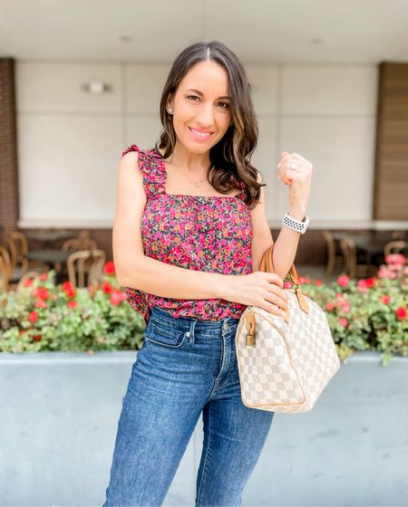 Spring style. Floral Ruffle Strap Cotton Tank Top and Good American jeans. Love this brand. Both run tts. 
#ltkpetite 

#LTKunder100 #LTKFind #LTKunder50