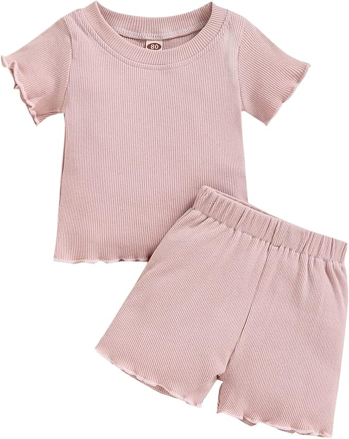 Toddler Baby Girl Summer Clothes Ribbed Knit Cotton Cute Summer Outfits Short Sleeves 2 Pieces Sh... | Amazon (US)