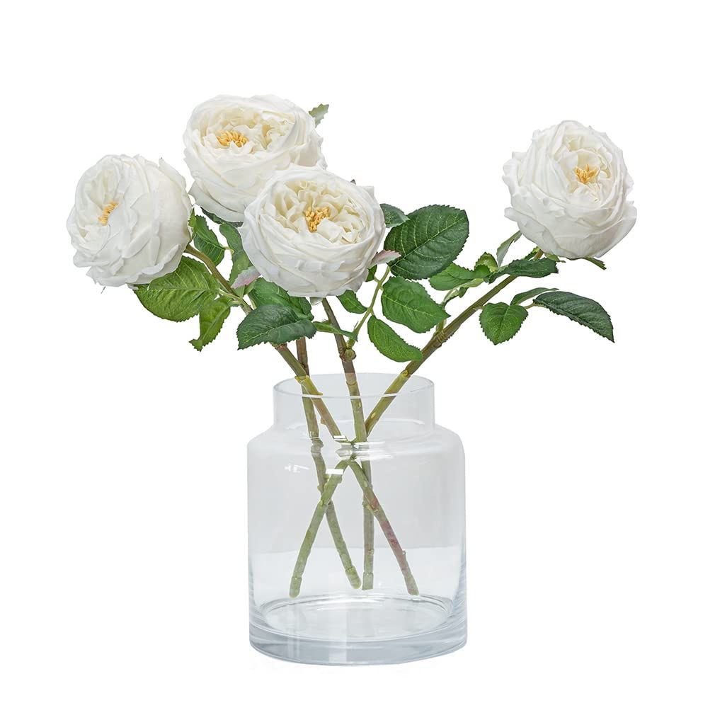 DUYONE White 4pcs Fake Flowers for Decoration Home Decor Real Touch Artificial Flowers Austin Rose P | Amazon (US)