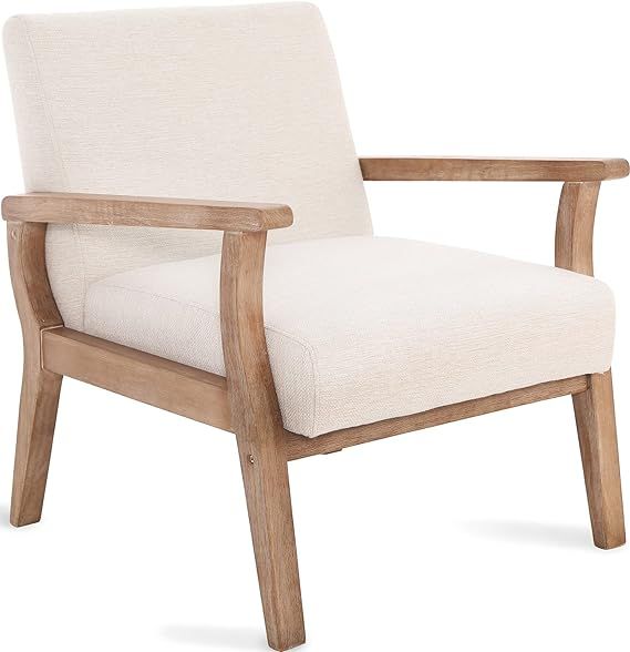 Mid Century Armchair with Wood Frames, White Linen Upholstered Farmhouse Living Room Chair, for L... | Amazon (US)