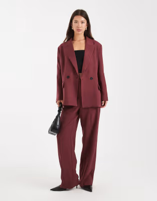 Vero Moda double breasted herringbone blazer and wide leg pants set in burgundy | ASOS (Global)
