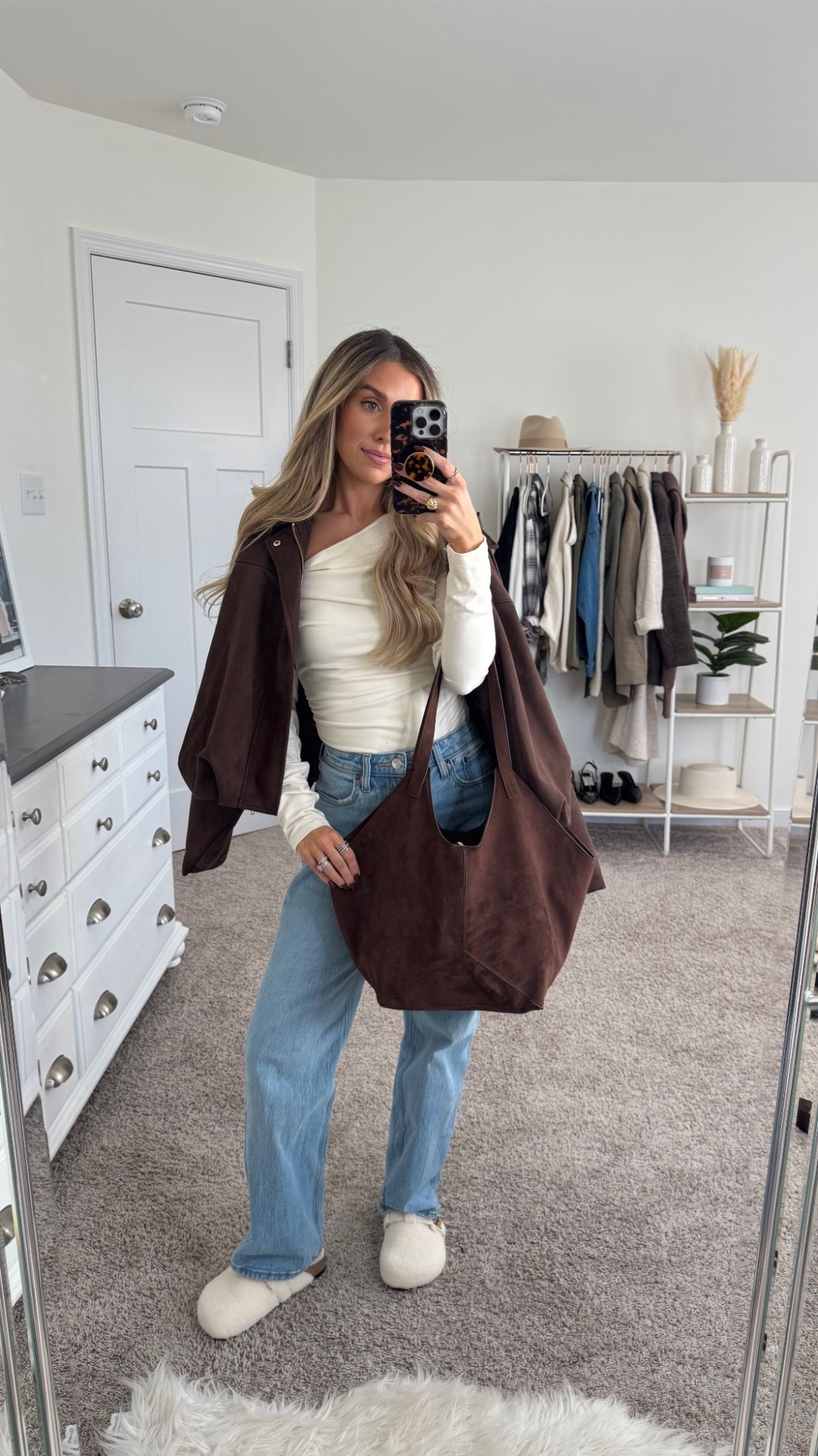 Today’s ootd 
+ top: xs
+ jacket: small
+ jeans: 24 short 
+ clogs: true to size 

Casual outfit
Fall outfit 
Elevated outfit 
Mom outfit 
Brown suede 
Brown jacket
Brown tote bag 


#LTKFindsUnder100 #LTKStyleTip #LTKFindsUnder50