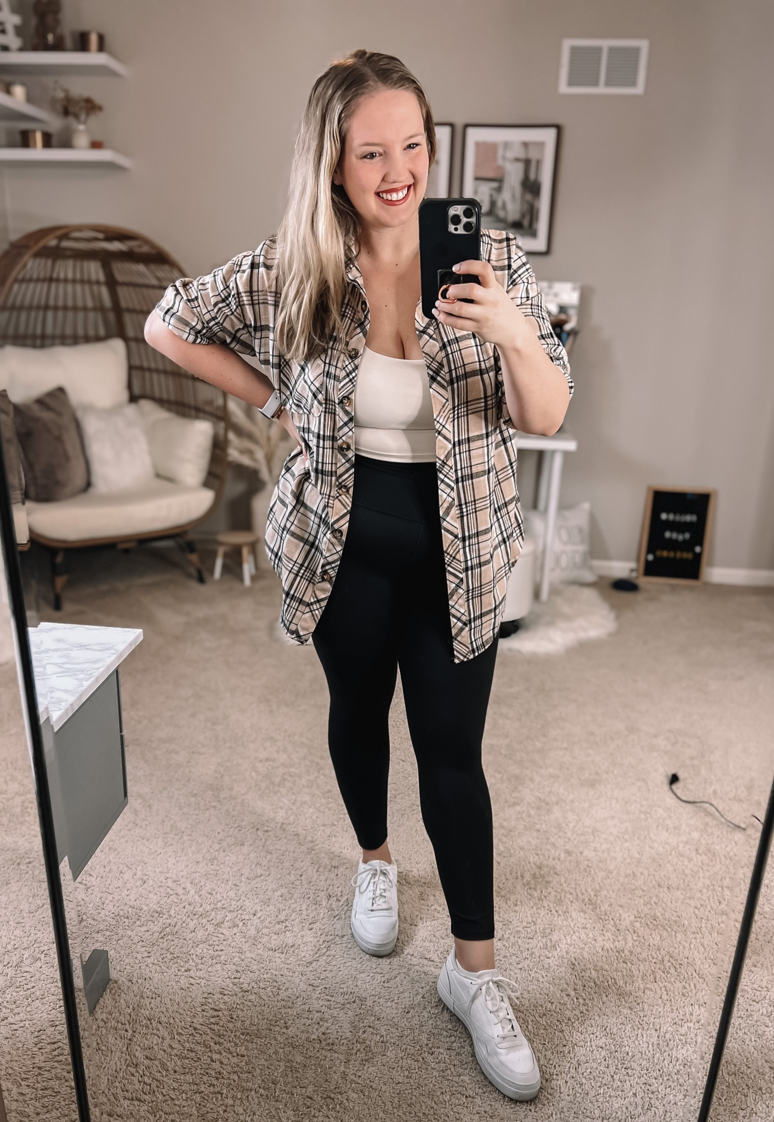 Perfect casual spring outfit or running errands or grabbing a bite. Also works for more casual Easter get togethers.

flannel shirt / button down / black leggings / white sneakers / white bra cami / casual spring outfit / Amazon fashion / Amazon style

#LTKSeasonal #LTKunder50 #LTKcurves
