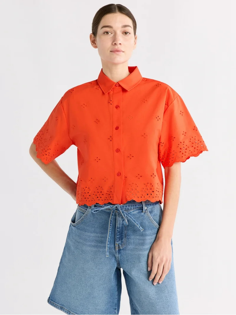 Free Assembly Women's and Women's Plus Cropped Cotton Eyelet Shirt, Sizes XS-4X | Walmart (US)